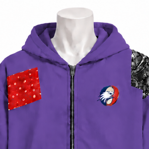 Sweat à capuche zippé surdimensionné en patchwork violet, avec imprimés et patchs, style streetwear décontracté - Product Image 3