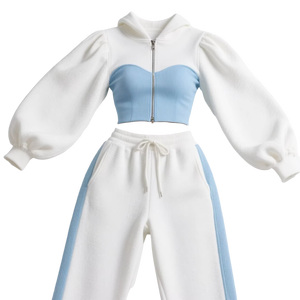 Women <b>Pink</b> Blue Color Block Zip Up Crop Hoodie Shorts <b>Set</b> Fleece <b>Tracksuit</b> Casual Two Piece Outfit - Product Image 5
