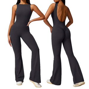 Combinaison pour femme dos nu, col carré, taille haute, jambes évasées, sans couture, couleur unie, en Spandex et Polyester, 1 pièce, ensemble de yoga longueur intégrale - Product Image 1