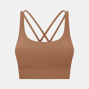 Sujetador deportivo ajustable con tiras cruzadas, de secado rápido, de alta elasticidad, de nailon y elastano, con logo frontal, de alto soporte, cuello en U, para correr, yoga, gimnasio, uso diario. - Product Image 2