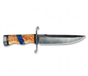 Herramienta Utilitaria para Exteriores de Acero de Damasco con Mango de Madera de Olivo y Resina Azul - Product Image 1