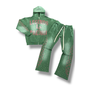 Custom Factory Luxury Rhinestone Acid Wash Sun Faded Screen Print <b>Zip</b>-Up Hoodie Sweatshirt and Joggers Flared Sweatpants Set - Product Image 1