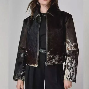 <b>Women</b> Fashion Cow Print Custom Logo Knitted Breathable <b>Jacket</b> Stylish Leather Look Regular Casual Outerwear Chains - Product Image 1