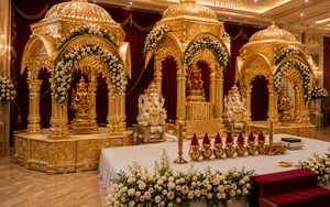 Escenario Tradicional Tallado en Oro para Bodas Tamilas y Telugues, Exclusivo Escenario de Estilo Tamil del Sur de la India para Grandes Eventos en el Reino Unido - Product Image 2