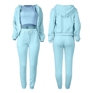 Conjunto de Sudadera con Capucha y Pantalones Deportivos para Mujer, Color Azul Claro, Tejido Casual, Manga Larga, Color Sólido, Transpirable, Ropa de Primavera - Product Image 4