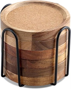 Round Wood Coasters Natural Finish Handmade <b>Mats</b> & Pads Modern Design Non-Slip - Product Image 2