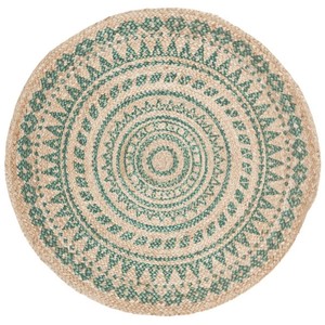 Tapis rond géométrique en jute fait main, style bohème, à poils ras, pour salon, motif vert naturel - Product Image 1