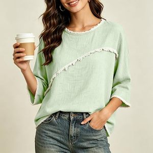 Chemises en coton et lin pour femmes, manches 3/4, blouses rétro en gaze effilochée, hauts à col rond brut, pour tous les jours - Product Image 4