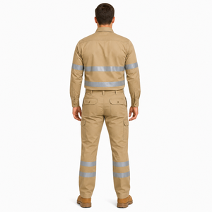 Unisex Hi Visibility <b>Waterproof</b> Workwear Uniform Long Sleeve Shirt Cargo Pants Set Reflective Tape Beige Cotton <b>Work</b> Suit - Product Image 2