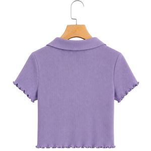 เสื้อโปโลครอปผู้หญิงสีม่วงลาเวนเดอร์ ผ้าถักลายริบ แขนสั้น ทรงเข้ารูป คอวี ชายเสื้อแบบลูกไม้ ยืดหยุ่น สวมใส่สบาย แฟชั่นทันสมัย - Product Image 2