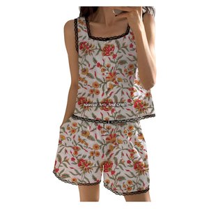 Pijama corto de algodón con estampado floral y ribete de encaje, conjunto de pijama sin mangas con botones para primavera/verano, estampado en bloques. - Product Image 6