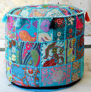 Bohemian Round Fabric <b>Pouf</b> With Floral Embroidery And Tassels For Decorative Use - Product Image 3