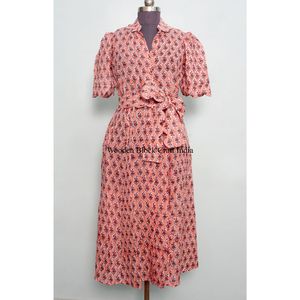 Robe midi florale Kangura pour femme, 100 % coton écologique, style Kangura, col en V, manches courtes, boutons décoratifs, lavable. - Product Image 1