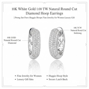 Boucles d'oreilles créoles en or blanc 10 carats avec diamants naturels ronds de 1,00 carat au total |   Créoles Huggie Pavées à Griffes, Bijoux Fins pour Femme, Cadeau de Luxe - Product Image 6