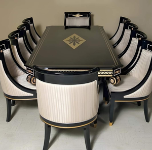 Opulent 8-seater European <b>dining</b> table set featuring silver-gold carved wooden frame and rich deep green <b>velvet</b> <b>chairs</b>. - Product Image 2