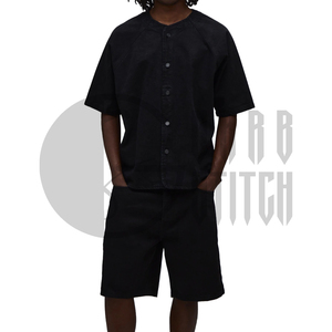 Camisa de Mezclilla Negra para Hombre, con Botones, Manga Corta, Corte Holgado, Color Sólido, Sin Cuello, Lavado Regular, Tejido de Algodón - Product Image 3