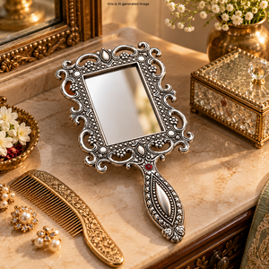 German Silver Hand <b>Mirror</b> Antique Floral Carved Decorative Vanity <b>Mirror</b> with Ornate Handle for Makeup Grooming Wedding Gift - Product Image 5