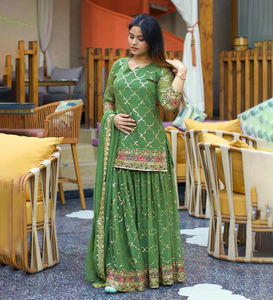 Traje de diseñador étnico paquistaní indio moderno de alta calidad tela Georgette de imitación pesada Sharara Palazzo Dupatta ocasiones especiales - Product Image 1