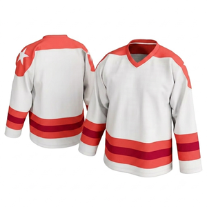 Maillot de hockey sur glace personnalisé avec impression sublimée, polyester respirant blanc avec rayures rouge corail, maillot d'équipe sportive - Product Image 1