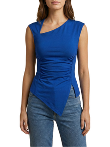 Camiseta sin mangas asimétrica de punto para mujer, cuello esculpido, ajuste ceñido, viscosa/algodón, ideal para primavera, verano y otoño. - Product Image 3