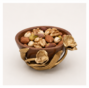 Elegante Tazón de Servir de Madera de Mango Hecho a Mano con Detalles Florales de Metal Dorado Antiguo, Centro de Mesa y Tazón Decorativo - Product Image 2