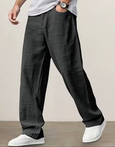 Pantalon décontracté léger en lin pour homme, taille élastique avec cordon de serrage, coupe large, couleur unie, confortable, longueur complète, léger - Product Image 1