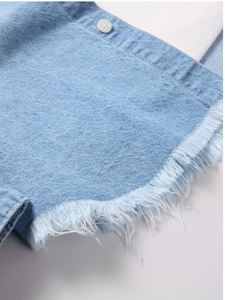 Chemise en jean bleu clair pour homme, manches longues, couleur unie, col rabattu, respirante, coupe classique, délavage à la pierre, bords bruts, poches - Product Image 6