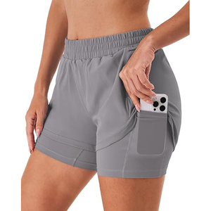 Shorts de course 2 en 1 gris moyen taille haute pour femme, fluides, en polyester, séchage rapide, pour fitness et entraînement, avec poche zippée - Product Image 2