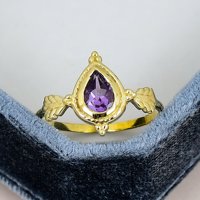 Bague en argent sterling 925 massif plaqué or avec améthyste taille poire, sertie clos, motif feuille de vigne vintage, pour femme, usage quotidien