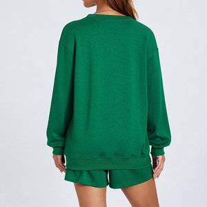 Women's <b>2</b> <b>Piece</b> <b>White</b> Woven Sweatshirt Shorts <b>Set</b> Crew Neck Regular Fit Casual All Seasons Solid Color Pocket Embroidered ODM - Product Image 2