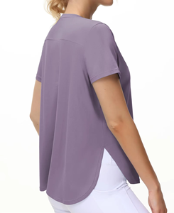 Camiseta de mujer de manga corta morado claro, corte holgado, con abertura lateral y dobladillo curvo, suave, para ropa deportiva, venta al por mayor OEM, ¡la más vendida! - Product Image 5