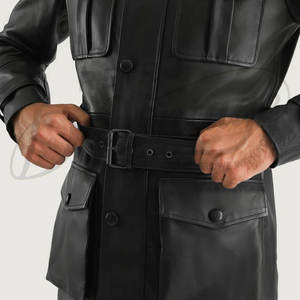 เสื้อแจ็คเก็ตหนังแท้สีดำสำหรับผู้ชาย ทรงสลิมฟิต มีกระเป๋าหลายช่อง สไตล์ซาฟารี พร้อมเข็มขัด คอตั้ง เสื้อคลุมอเนกประสงค์ - Product Image 3