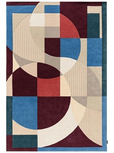 Tapis géométrique abstrait moderne, tapis de luxe contemporain pour salon, bleu bordeaux crème, tapis de sol design - Product Image 1