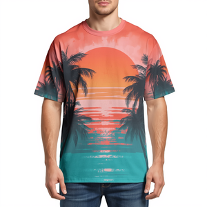 Camiseta Sublimada con Diseño Tropical Atardecer para Hombre, Prenda de Moda Oversize con Gráficos Vibrantes - Product Image 4