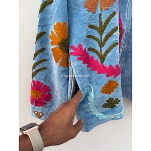 Veste en velours bleu turquoise, veste brodée ouzbèke, manteau unisexe, veste courte d'hiver, veste bohème chic, manteau pour femme - Product Image 5