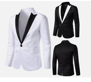 Costume de smoking pour homme blanc et noir, coupe ajustée, simple boutonnage, col à revers, tenue de cérémonie, longueur standard, infroissable - Product Image 1