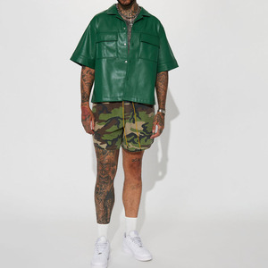 Unique Design Genuine Leather <b>Half</b> Sleeve T-<b>Shirts</b> For Men-Custom Logo High Street Style Customizable Cargo Pockets Jacket <b>Shirt</b> - Product Image 5