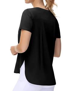 Camiseta con abertura lateral para mujer, camiseta negra de manga corta, corte relajado, mezcla de algodón suave, top informal a la moda - Product Image 3