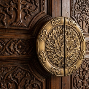 Poignée de porte moderne en laiton Padma Crest Lotus |   Poignée d'entrée décorative artistique durable avec gravure florale pour hôtel - Product Image 1