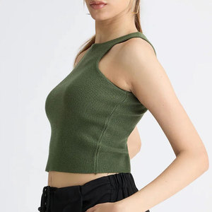 Women's Olive Green Halter <b>Crop</b> <b>Top</b> Knitted Solid Color Casual Spring Summer Slim Fit Spandex Cotton Blend - Product Image 6