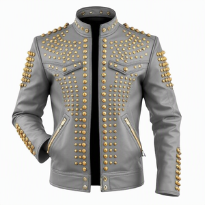 Veste moto en cuir gris pour homme, veste en cuir noir, veste en cuir bleu, veste en cuir noir avec clous dorés, veste en cuir orange à col montant - Product Image 1