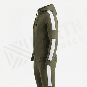 Survêtement à capuche vert olive pour homme, sweat-shirt sportif à fermeture éclair intégrale avec poches latérales, matière respirante en polyester et élasthanne, automne - Product Image 3