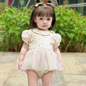 Expédition immédiate - Combinaison pour fille style été Koko San - Motif floral miniature - Combinaison courte à col Peter Pan - Manches courtes - Fermeture à boutons - RKS01 - Product Image 1