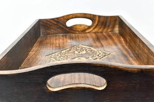 Rectangular wooden <b>tray</b> with handles carved design glossy finish serving platter <b>breakfast</b> <b>tray</b> decorative handmade wooden - Product Image 5