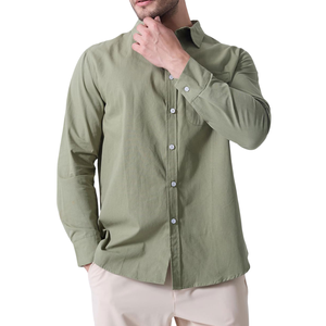 Chemise en lin vert pour homme, manches longues, couleur unie, col rabattu, style décontracté avec poches, respirante, coupe classique - Product Image 1