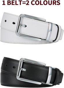 Cinturón Casual Reversible para Hombre, Color Negro y Blanco Sólido, Hebilla Cuadrada Plateada, Correa Ajustable, Cuero Vacuno Resistente - Product Image 2