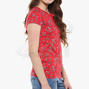 Camiseta de Manga Corta con Cuello en V y Estampado Floral Rojo para Mujer, Corte Regular Informal, 100% Algodón, Transpirable, Tejido de Punto, Top de Primavera/Verano - Product Image 3