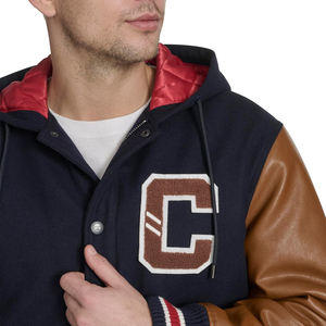 Chaqueta Varsity Azul Marino para Hombre con Mangas de Cuero Marrón, Cierre de Botones con Capucha, Letra C Bordada, Estilo Preppy de Invierno - Product Image 5