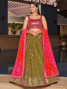 Classic Green <b>Sequined</b> A-Line Lehenga With Pink Dupatta And Red <b>Crop</b> <b>Top</b> For Bridesmaid Wear - Product Image 2