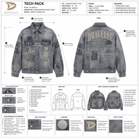 Vestes en jean gris bleu délavé à imprimé journal pour un look ample unisexe Cyber Y2K, avec logo personnalisé, fabrication usine